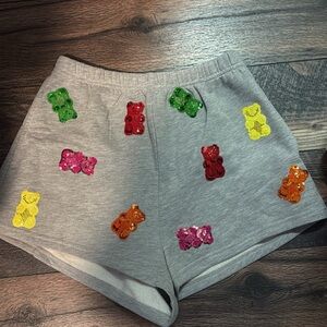 Queen of sparkles new!!  Xs Gray Shorts with Colorful Sequin gummy Bears